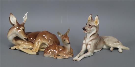Two Nymphenburg models of deer and of a German Shepherd dog (3)